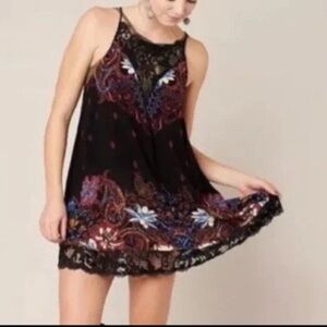 Free People Black Paisley Lace-Trim Swing Dress with Multicolor Floral Accents